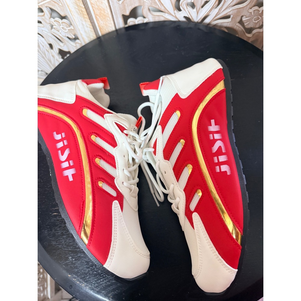 DENIMASR Mens Low Top Athletic Sneakers Red White Colorblock Mesh Gold Accent - Picture 11 of 11